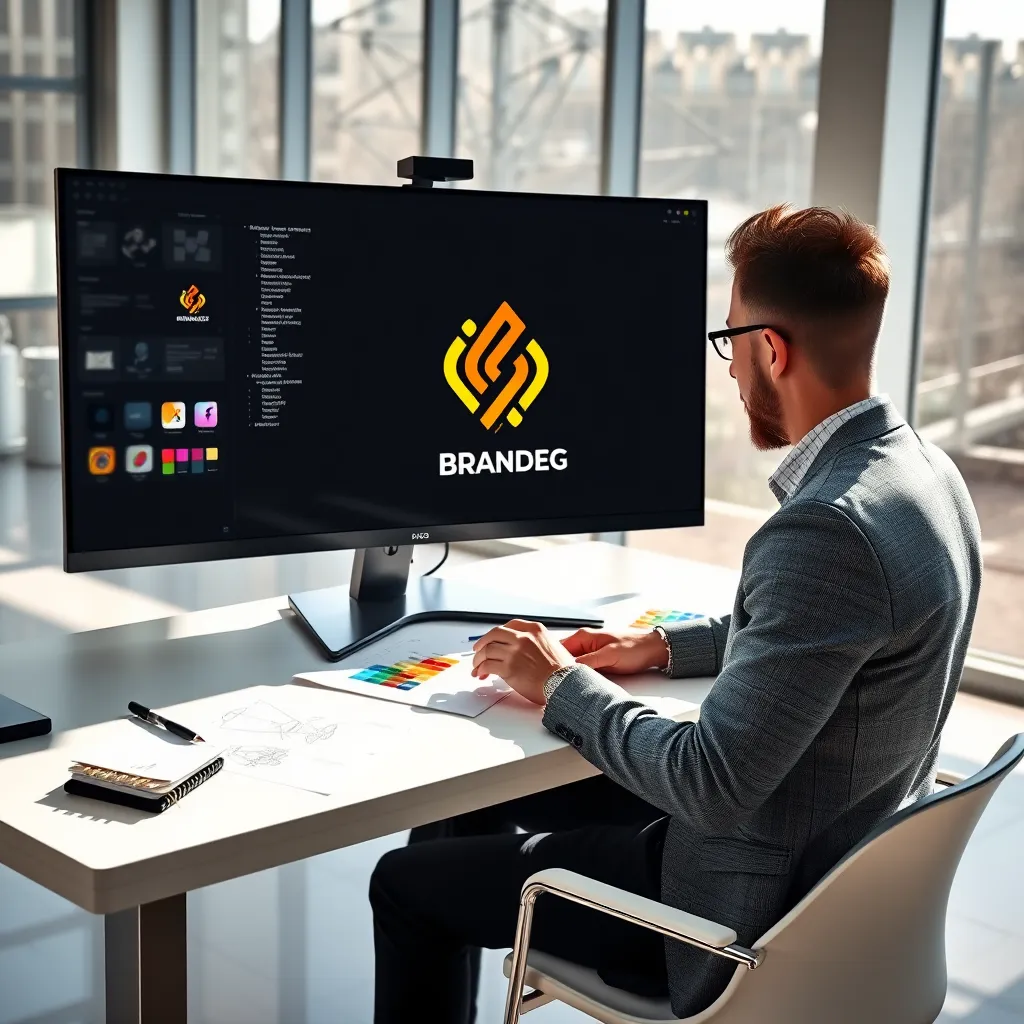 A photorealistic image of a branding design process.  A designer is sitting at a sleek desk, surrounded by digital sketches and color palettes, on a large monitor, a vibrant logo is being finalized. The room is bright and modern, bathed in natural light streaming through large windows. The designer is wearing stylish, professional attire, their hands carefully adjusting color swatches and typography on the screen. The overall mood is creative and energized. The image should be in the style of a high-end advertising campaign, capturing the essence of innovation and professionalism. Render this image in 8K resolution with hyperrealistic detail, emphasizing the textures of the design elements, the gleam of the monitor, and the subtle texture of the designer's clothing. Focus on the light reflecting off the various surfaces and create a sense of depth and realism in the image.