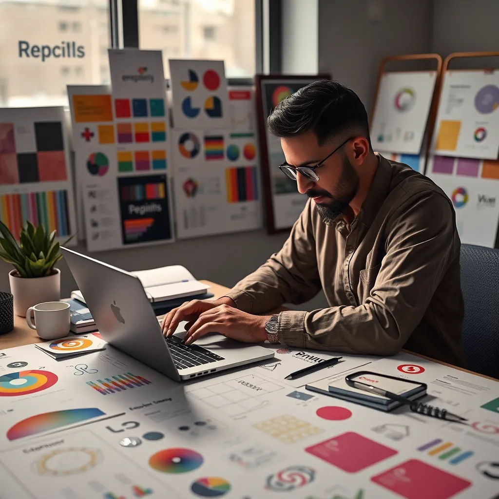 A photorealistic image of a branding expert working on a laptop, surrounded by mood boards, color palettes, and sketches of different logos and branding elements. The image should convey a sense of creativity and strategic planning.