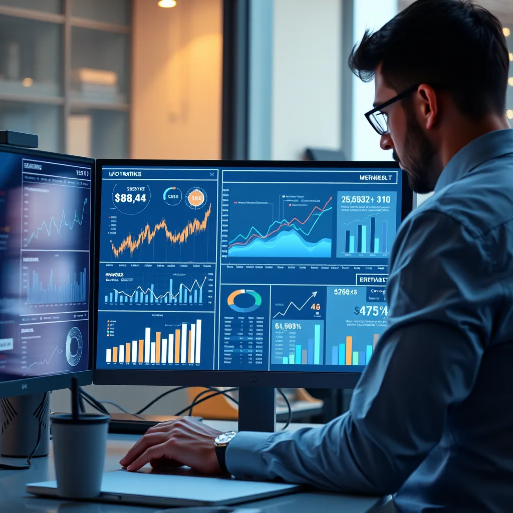 A photorealistic image of a businessperson analyzing data on a computer screen, surrounded by charts and graphs representing website traffic, SEO performance, and social media engagement. The image should convey a sense of growth and progress.