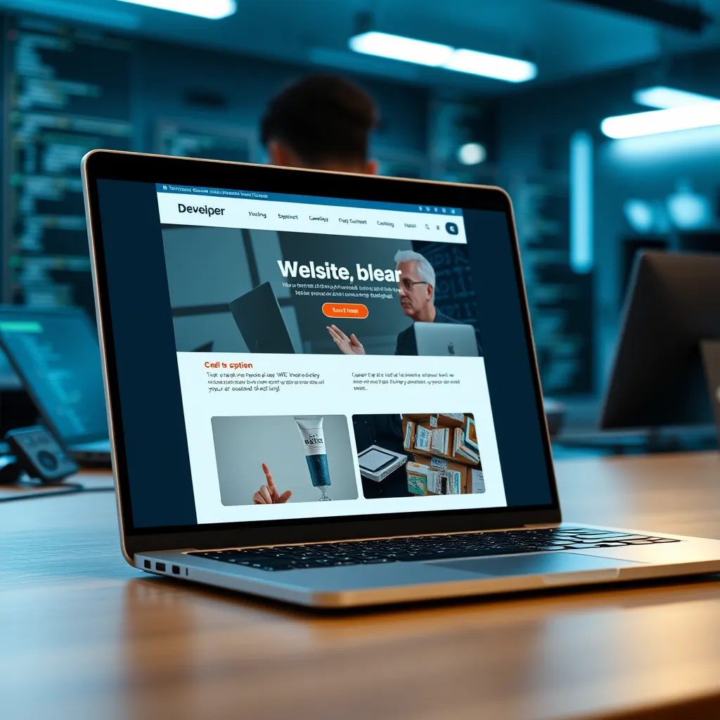 A photorealistic image of a sleek, modern website on a laptop screen. The website should be visually appealing, with clear calls to action, and easy navigation. In the background, a developer is coding, highlighting the technical expertise involved.