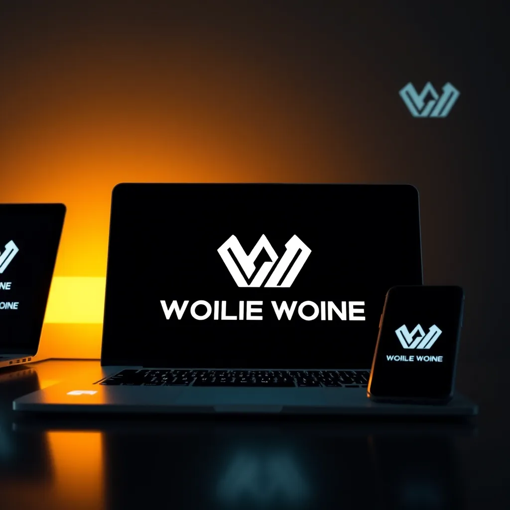 A powerful brand logo appearing on various digital devices, including a laptop, smartphone, and tablet. The logo should be prominently displayed on a website interface, highlighting the brand's online presence and impact.
