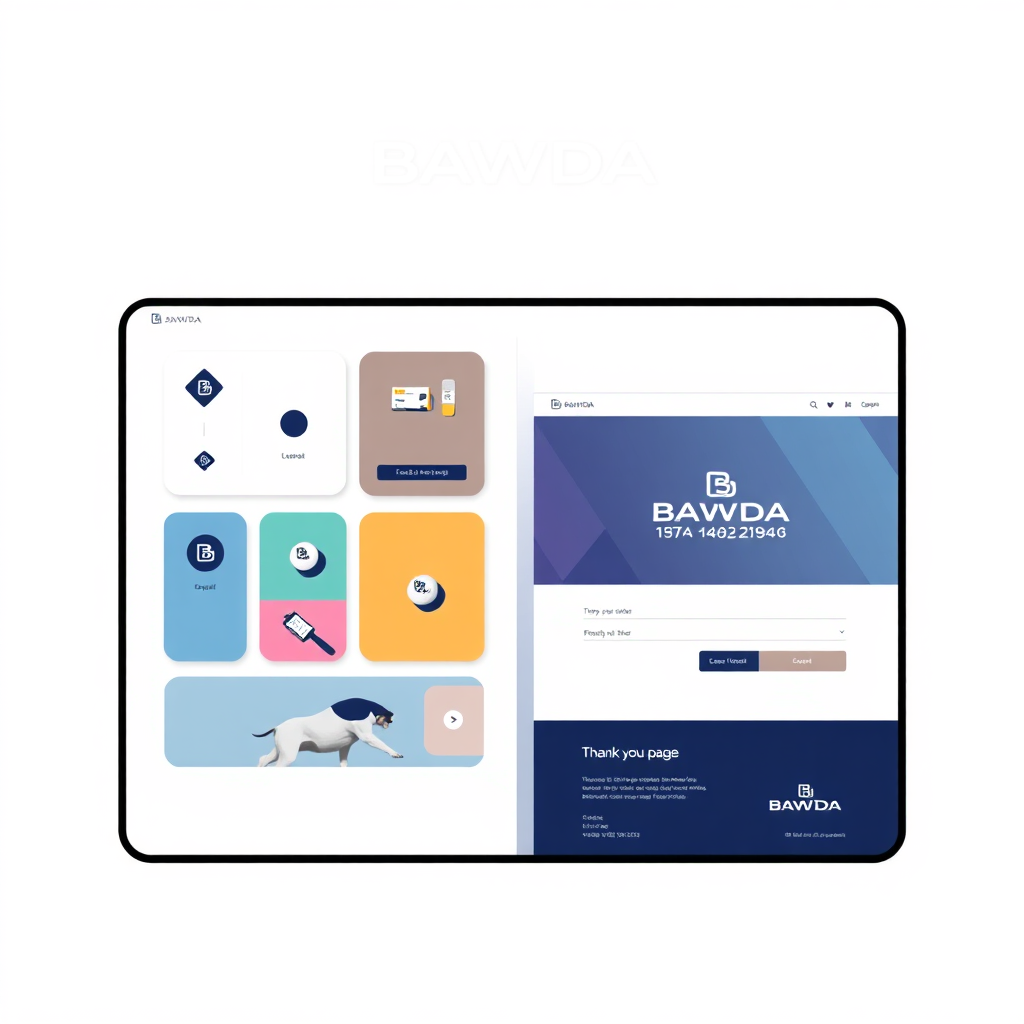 A visually appealing graphic featuring a split-screen design. On one side, showcase elements of the 'BAWDA' brand (logo, color palette, typography) arranged in a modern, geometric layout. On the other side, display a thank you page design that seamlessly integrates these branding elements. The thank you page should feature a clear 'BAWDA' logo, utilize the brand's primary color scheme, and employ its signature font. The overall composition should demonstrate how consistent branding can create a unified and professional user experience. Focus on clean lines, balanced spacing, and a sense of visual harmony.