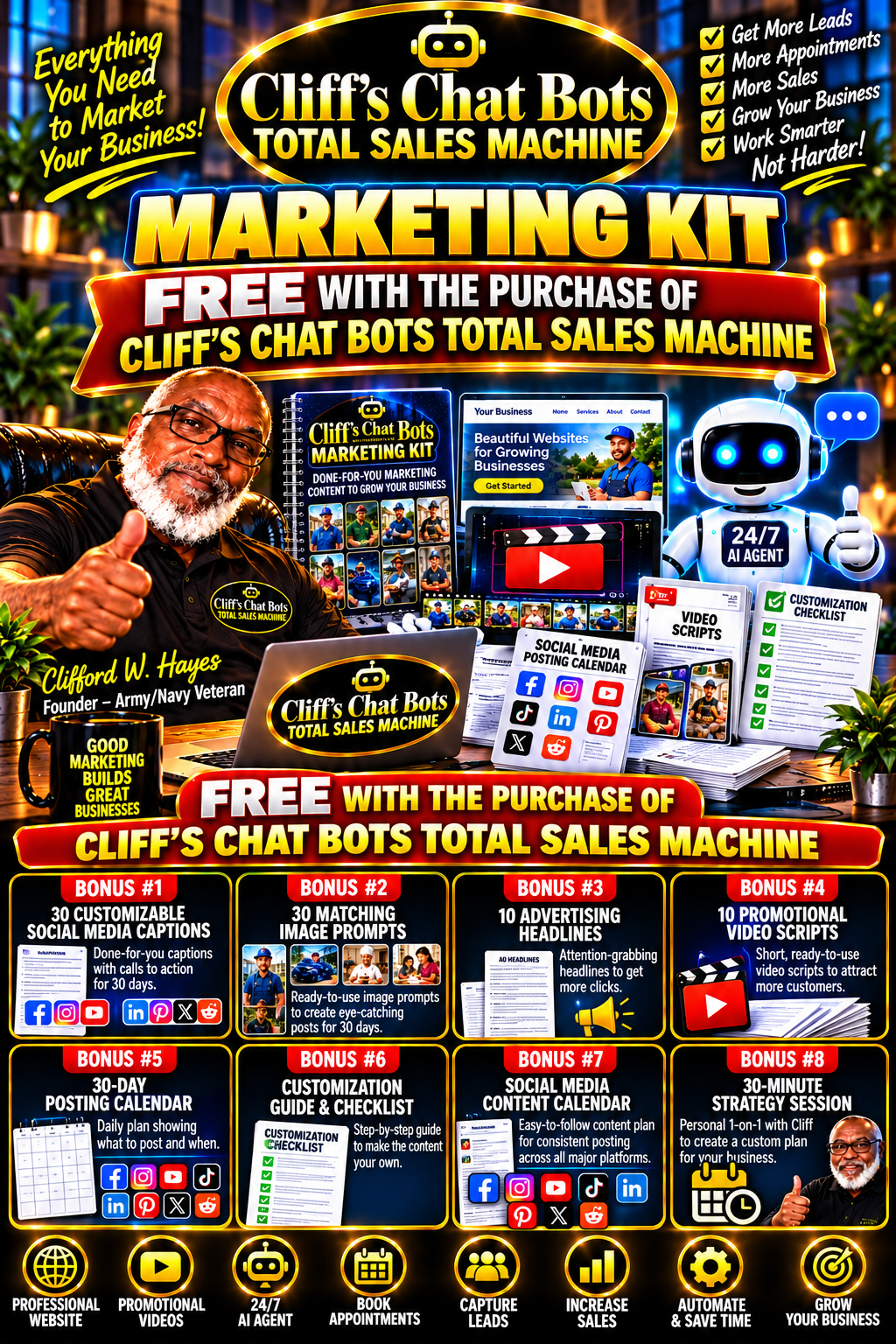 Overview of Cliff's Chat Bots Total Sales Machine Marketing Kit templates and guides