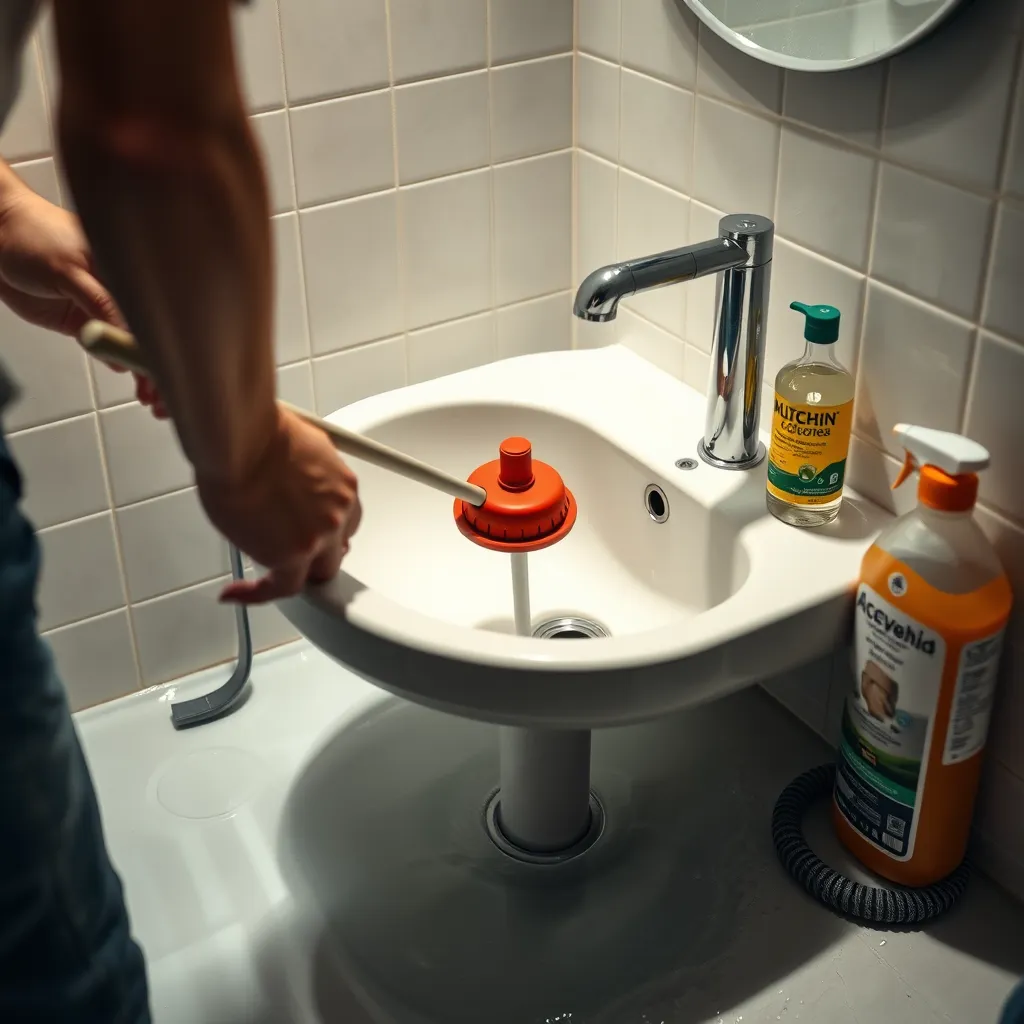  A bathroom scene depicting a person using a plunger on a clogged sink, with water pooling around. Include essential tools like a drain snake and a bottle of natural cleaning solution nearby, with a concern for pipe safety highlighted in the scene.