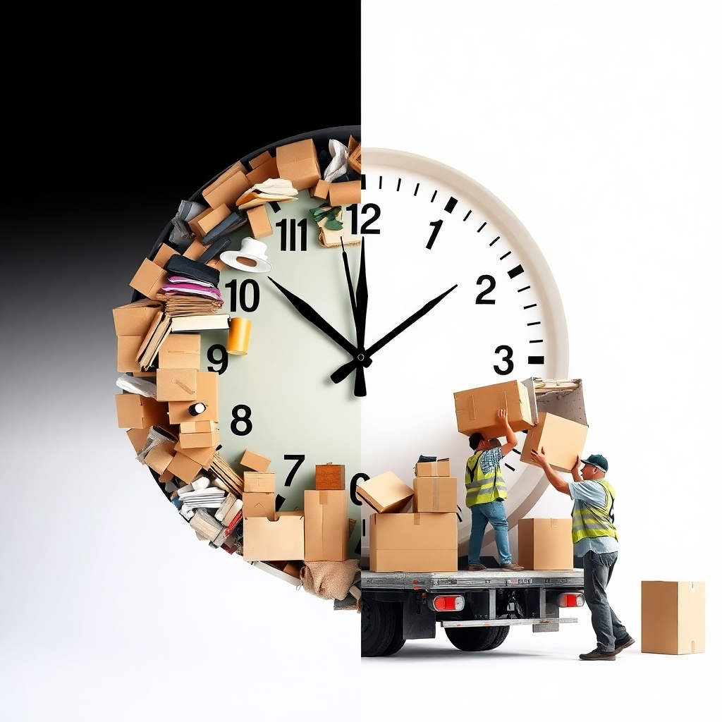 A clock overlay with various junk materials like boxes and furniture being loaded onto a truck by a professional crew. The scene is split, showing one side with a busy homeowner frustrated with clutter and the other side with the efficient team swiftly handling the junk.