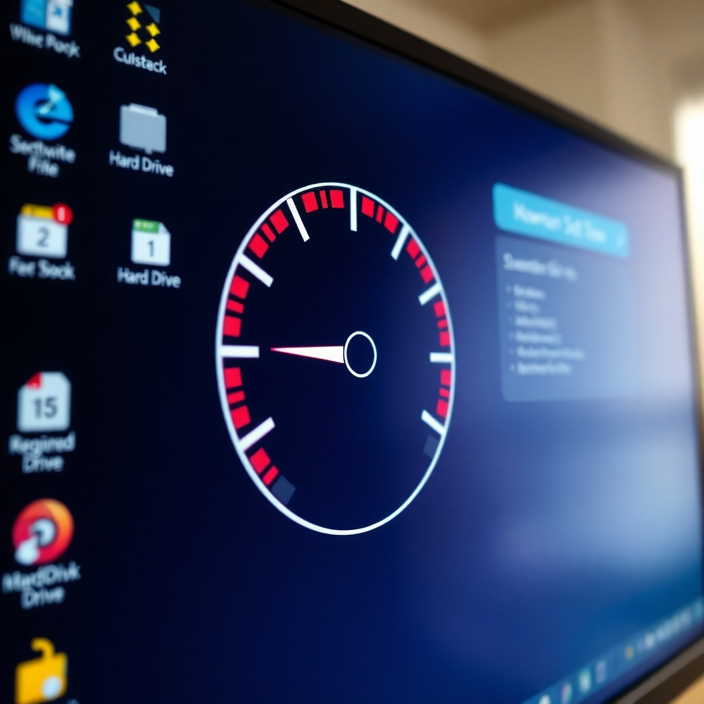 A close-up of a computer monitor displaying a speedometer icon illustrating slow performance. In the background, there are cluttered desktop icons and a fragmented hard drive status. The scene is well-lit with a focus on the monitor.