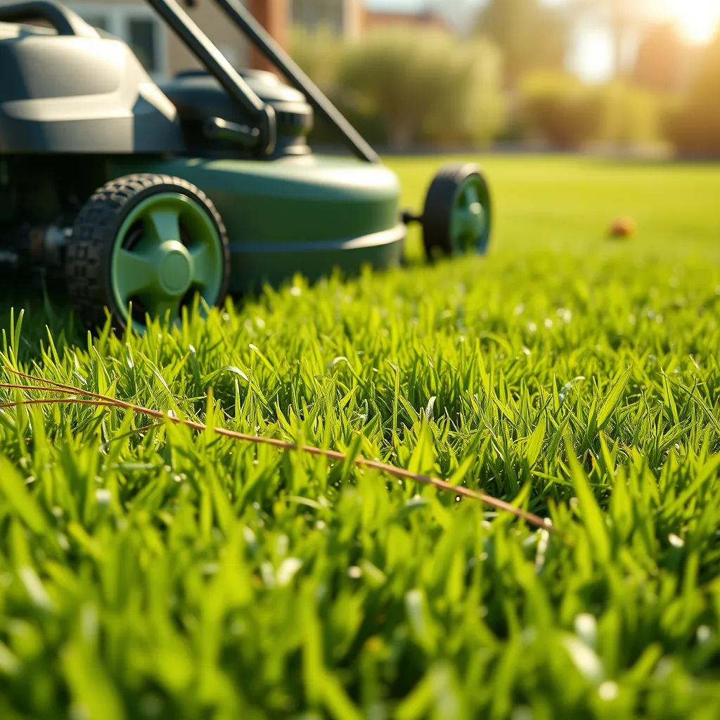 A close-up of a freshly mowed lawn, showcasing the neat rows of grass. A well-maintained lawn mower is positioned nearby, with freshly cut grass clippings scattered on the ground. The scene is bright and cheerful, depicting a sunny day.