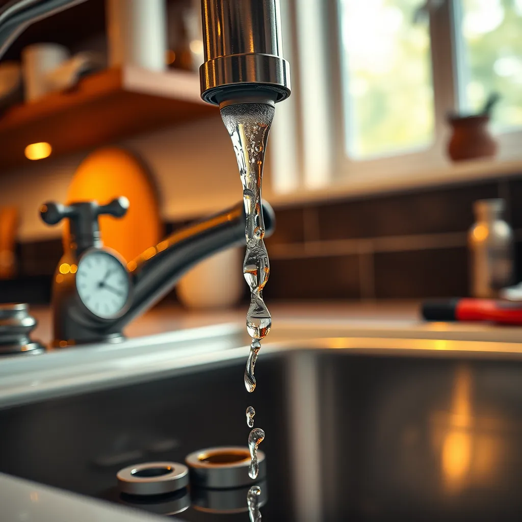 A close-up of a kitchen sink faucet with visible water droplets leaking from the spout. The setting should include a stylish sink with modern accessories, and tools like a wrench and washers scattered around to suggest maintenance, with ambient kitchen lighting.