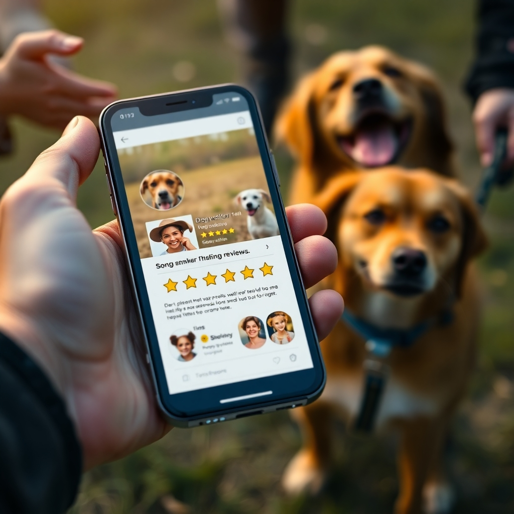 A close-up of a smartphone displaying a dog walker’s profile with glowing five-star reviews, surrounded by photos of happy dogs. In the background, a pet owner's hand holds a leash while a joyful dog looks up, indicating satisfaction.