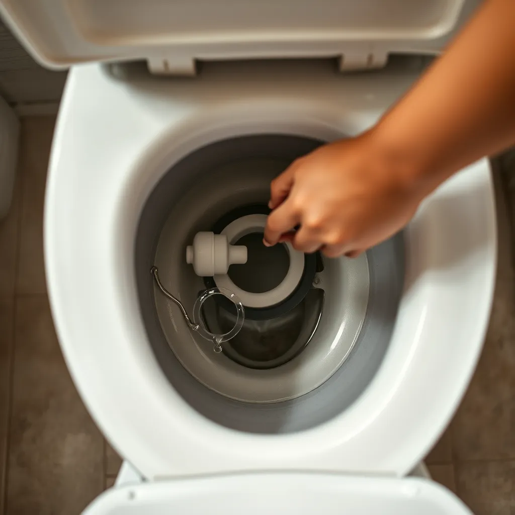 A close-up of a toilet tank with the lid off, showing the internal components, particularly a slightly raised flapper and float. Water periodically leaking can be noted, with a hand reaching in to adjust the float, indicating a DIY repair effort.