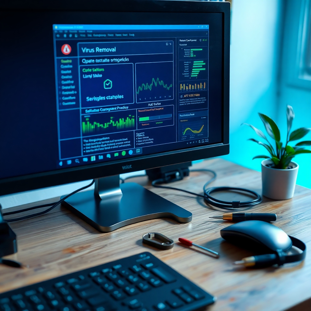 A close-up shot of a computer monitor displaying a complex virus removal software interface, with colorful graphs and alerts. The workspace is neatly organized with tools for computer repair scattered around, including screwdrivers and anti-static wrist straps. Soft diffused lighting highlights the monitor while casting gentle shadows across the desk. The color palette features cool blues and greens, evoking a sense of security and calm. This image is taken from a slight overhead angle to capture the screen while also revealing the vibrant desktop background. Smooth textures of the wooden desk contrast with the sleek, glossy finish of the computer. Elements like a potted plant beside the monitor add a natural touch. Photorealistic style, presented in 8K resolution, hyperrealistic and ultra-detailed.