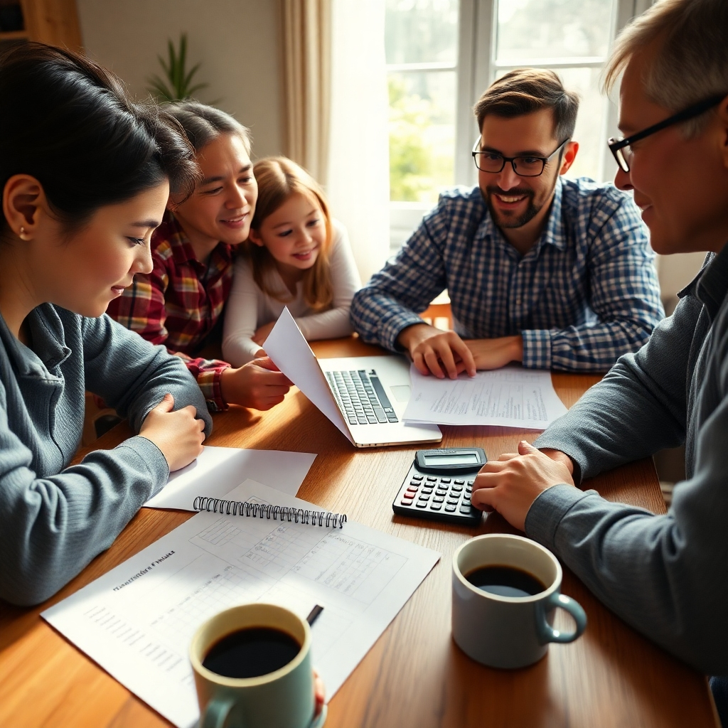 A close-up view of a family sitting around a table, reviewing financial documents and a laptop. Show a notepad with a budget plan visible, a calculator, and a cup of coffee. Natural light illuminating the scene to give a warm feel.