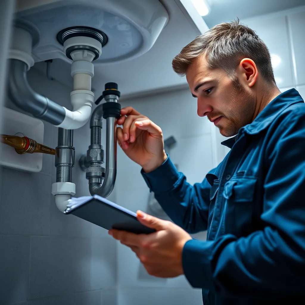 A close-up view of a plumber inspecting pipes under a kitchen sink, showcasing the tools used for maintenance. The plumber is focused and thoughtful, with a clipboard and checklist in hand, examining for leaks and wear. Bright ambient lighting enhances the cleanliness and infrastructure of the plumbing system.