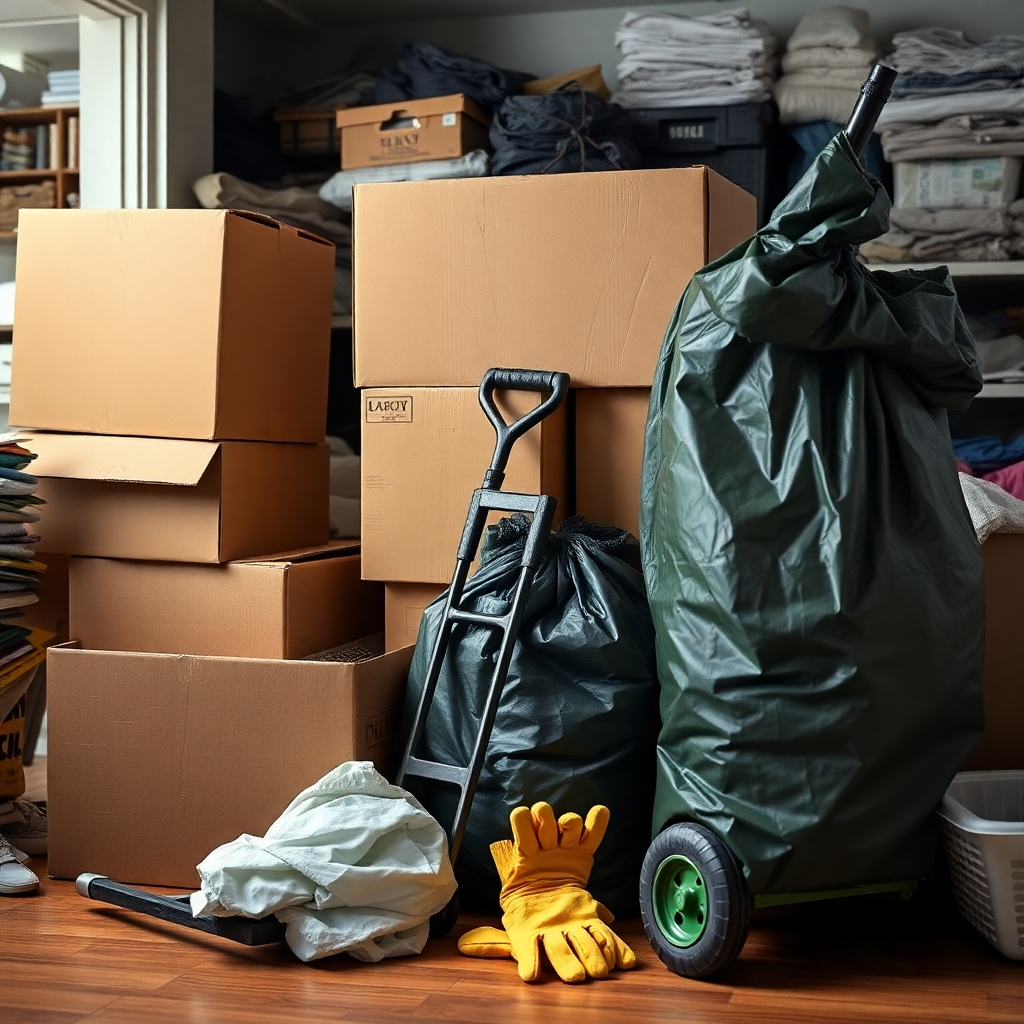 A collection of junk removal tools, including sturdy moving boxes, heavy-duty garbage bags, a hand truck (dolly), and protective gloves. The scene set in a cluttered room, highlighting the importance of preparation with these tools neatly arranged and ready for use.