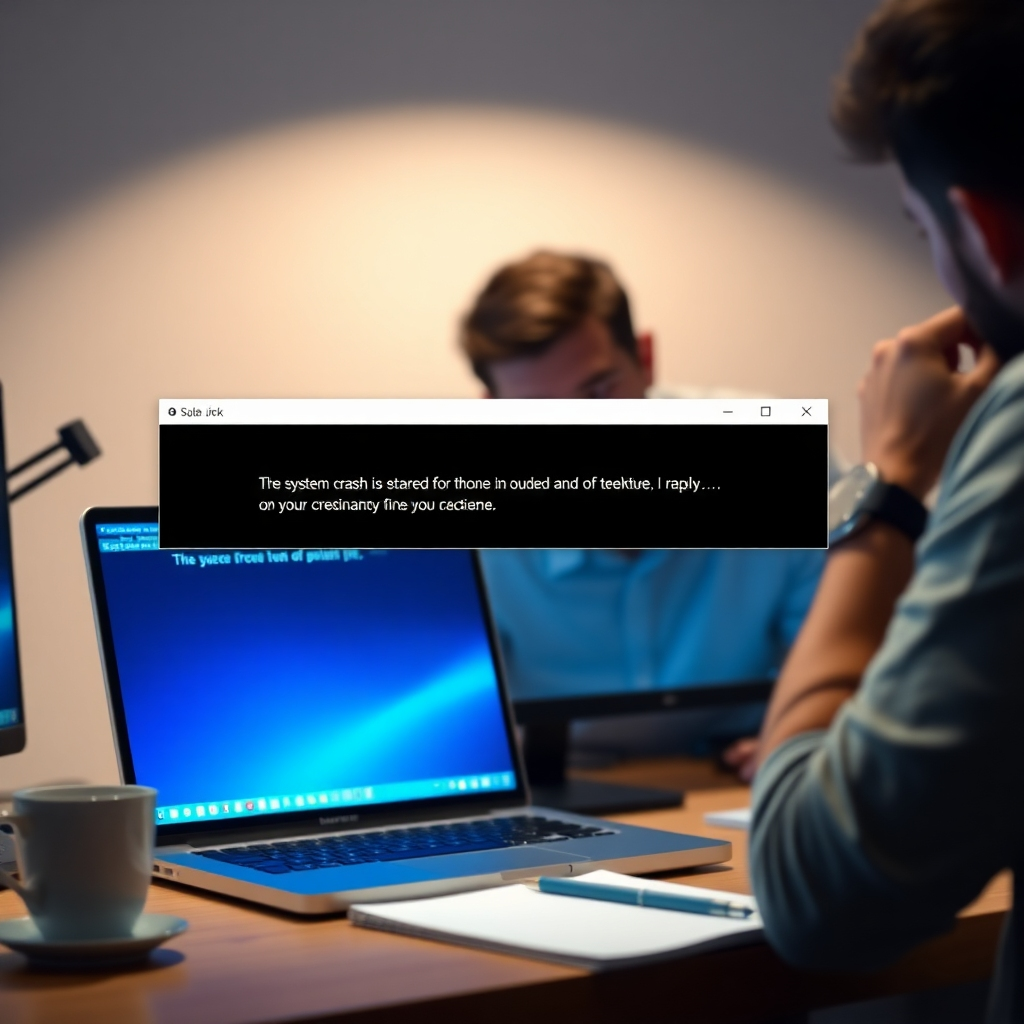 A computer screen showing an error message, symbolizing a system crash. On the desk, a user is visibly frustrated, with a laptop showing a blue screen of death in the background. A coffee cup and notepad suggest they are troubleshooting.
