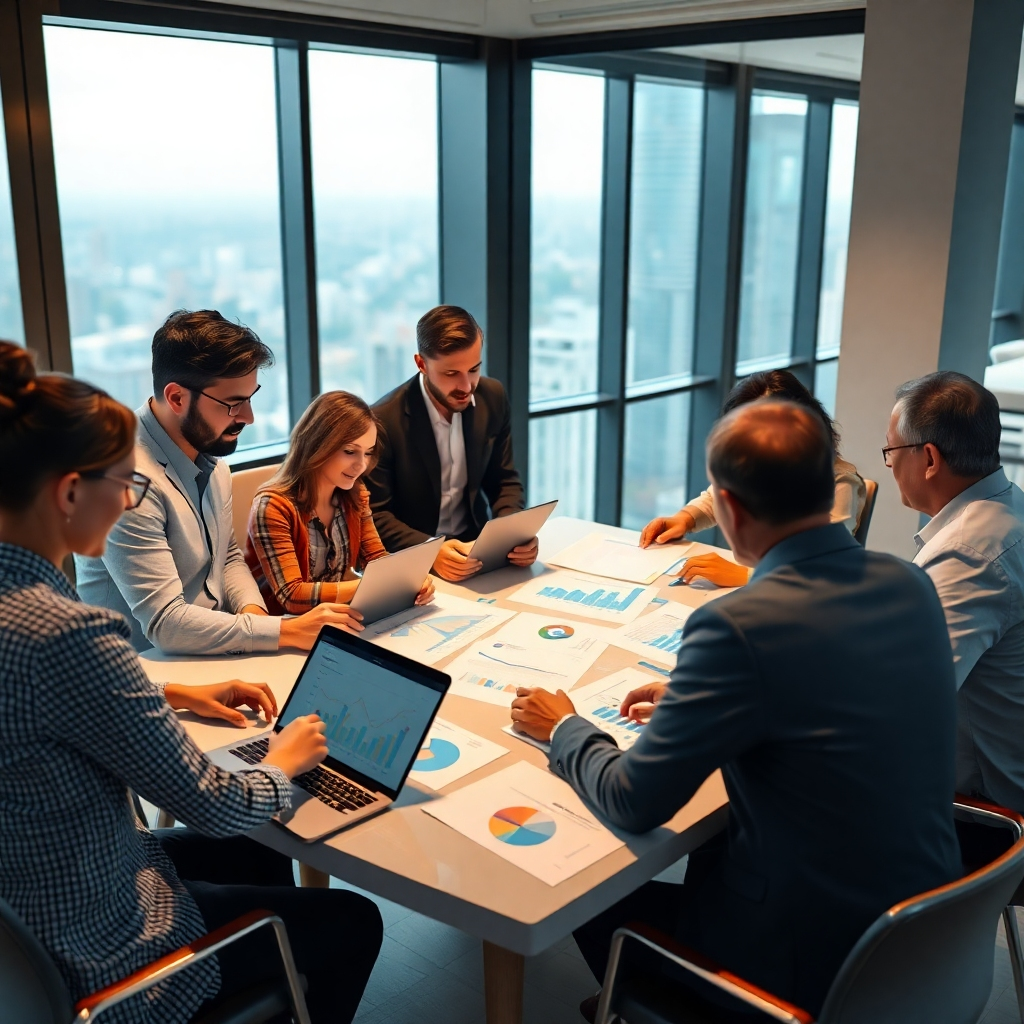 A detailed, photorealistic image of a diverse group of real estate investors gathered around a table with laptops and charts, analyzing graphs showing market trends and demographics. The room should be modern with large windows revealing a city skyline.