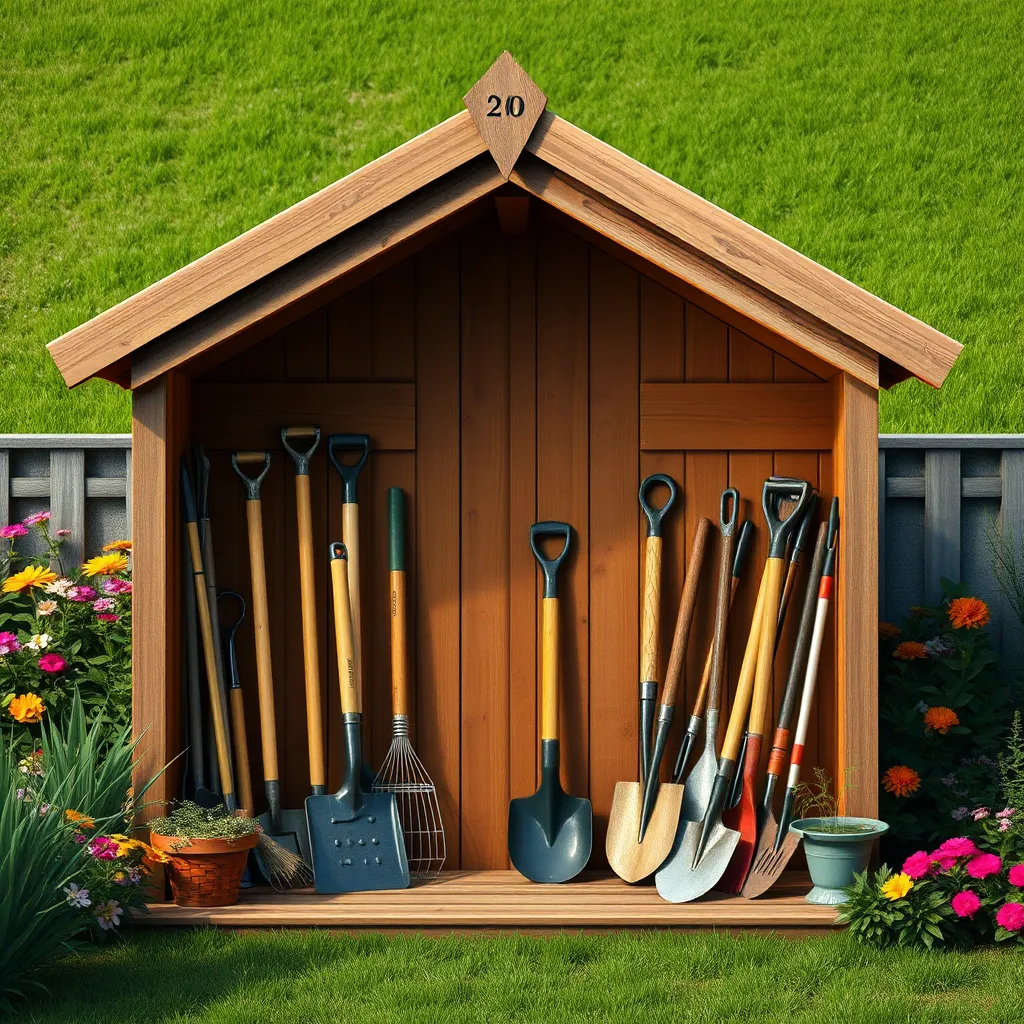 A detailed and photorealistic image of a wooden garden shed filled with essential hand tools for lawn care. Tools such as rakes, shovels, and trowels are neatly arranged, with a backdrop of healthy, green grass and colorful flowers in the garden surrounding the shed.