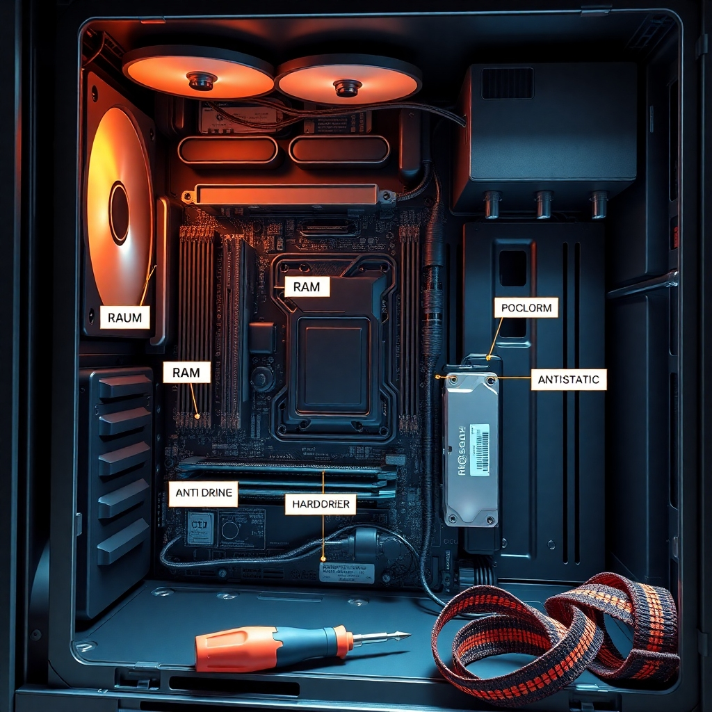 A detailed illustration showing the interior of a computer case with labeled parts like motherboard, CPU, RAM, and hard drive, surrounded by tools such as a screwdriver and anti-static wrist strap, in a well-lit environment for clarity.