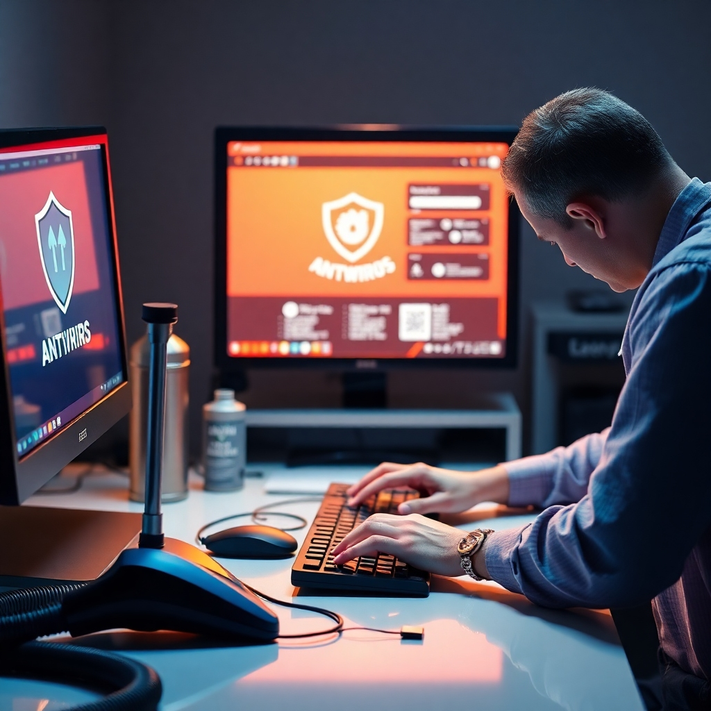 A detailed image of a user performing preventive maintenance on a computer. The scene includes a clean workspace with a vacuum, compressed air canister, antivirus software visible on the screen, and the user carefully cleaning the keyboard and screen. The ambiance should convey a sense of care and diligence.