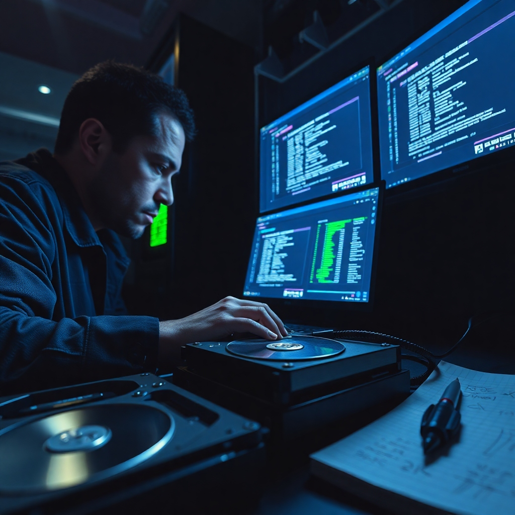 A dramatic image capturing a computer technician intently focused on a data recovery procedure. The technician is positioned to the left, surrounded by multiple hard drives with visual data recovery software running on a dual-monitor setup. The monitors' screens glow brightly, providing a stark contrast to the dimly lit room, creating an atmosphere of urgency. The color palette comprises dark blues and greens, underscoring the seriousness of the task. The scene is shot from a slightly low angle to emphasize the technician's dedication and the importance of the recovery operation. Textured surfaces of the hard drives and computer parts are prominent, reflecting a blend of modern technology and technical skill. Additional elements include data cables and a notepad with scribbled notes, adding authenticity. This image should be rendered in 8K resolution with hyperrealistic details, drawing viewers into the critical moments of data recovery.
