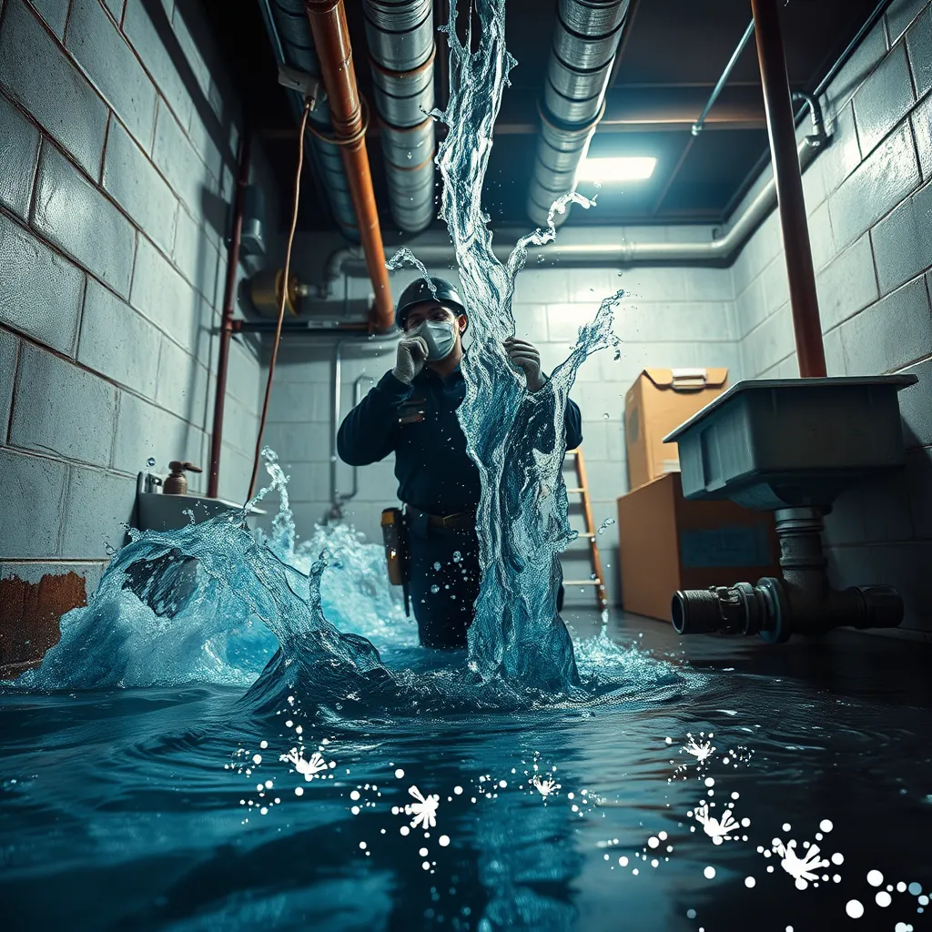 A dramatic representation of an emergency plumber responding to a burst pipe in a residential basement. The scene should depict water gushing out in vivid detail, with playful splashes catching the light. The perspective is slightly tilted for a dynamic effect, showing the plumber in action, donning protective gear. Bright, harsh lighting from overhead creates vivid reflections on the water surfaces, adding urgency to the scene. The color scheme involves deep blues and shimmering silvers contrasted with the plumber's dark clothing, suggesting a sense of chaos and action. Pipes and valves, partially visible, should exhibit various textures - some rusty and aged, others shiny and new. Background elements like a utility sink and boxes add realism. The image should be produced in hyperrealistic quality, emphasizing minute details and conveying the gravity of emergency plumbing situations.