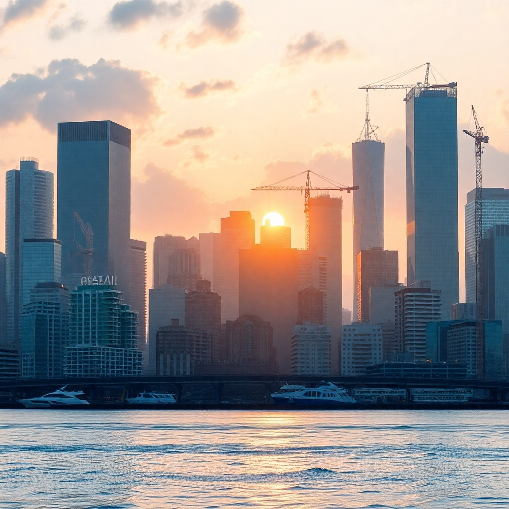 A dynamic city skyline reflecting fluctuating economic conditions. Use visual elements like rising and falling graphs, currency symbols, and signs of construction activity to represent market trends, with clear indications of economic factors influencing real estate.