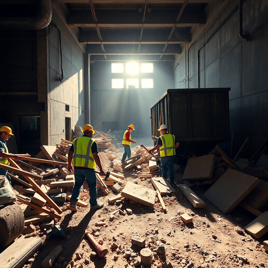 A dynamic construction site after a renovation project, featuring workers in hard hats systematically clearing rubble and debris. Dramatic side lighting casts shadows, highlighting the texture of concrete and wood pieces scattered throughout. The color palette consists of earth tones contrasted with bright safety vests. Shot from a ground level perspective, the camera captures the movement of workers as they load debris into a massive dumpster. Scattered tools like hammers and saws are visible, adding authenticity and a sense of chaos. The gritty atmosphere reflects the hard work involved. In the style of urban exploration photography, aiming for ultra-detailed resolution to emphasize all aspects of the scene, including dust particles in the light beams.