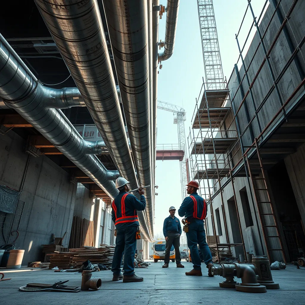 A dynamic shot of a team of plumbers installing large commercial pipes in a construction site. The image should be framed from a low angle, making the towering pipes and scaffolding dominating the scene. Harsh, dramatic side lighting should create strong contrasts between the rugged texture of the metal pipes and the smooth concrete of the surrounding environment. The color palette features industrial shades of grey, silver, and hints of rust, evoking a gritty, hardworking mood. Tools like pipe wrenches and fittings are scattered around, enhancing the busy atmosphere. In the background, partially constructed walls and machinery contribute to the setting, giving context to the work being performed. The technical specifications should ensure an ultra-detailed image, ready to showcase the professionalism and scale of the plumbing installation process.