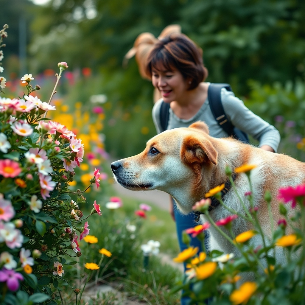 A focused dog sniffing curiously at a flowering bush during a walk. The owner, a middle-aged person, is looking on with a smile. The scene is lively with colorful flowers and a variety of nature, reflecting an enriching environment.