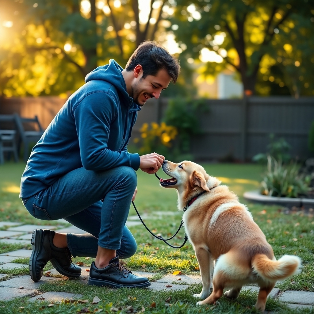 A friendly dog walker kneeling to greet an excited dog in a backyard, showcasing a relaxed atmosphere. The scene captures the dog's eagerness while the walker prepares to engage, with a warm sunlight filtering through trees, reinforcing a welcoming vibe.
