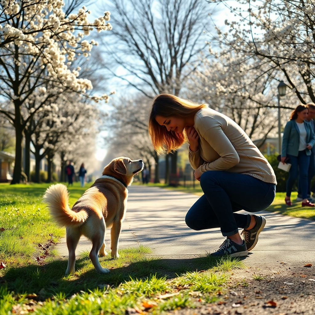 A heartwarming moment of a person crouching down to pet their dog during a walk in a sunny park. The dog's tail is wagging excitedly. The surrounding area includes blooming trees and a few other people enjoying their walks, creating a community feel.