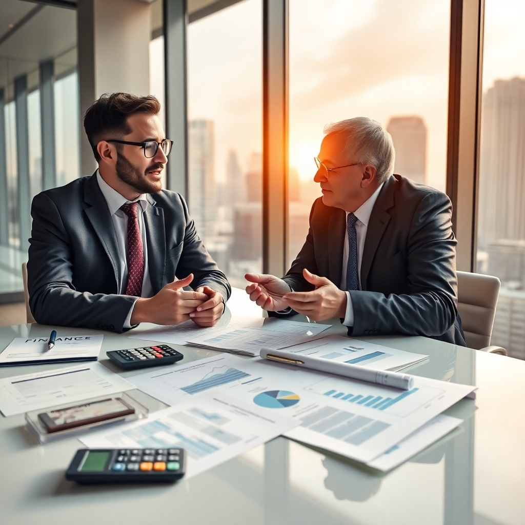A high-quality, photorealistic image of a confident real estate investor discussing financing options with a bank representative in a sleek, modern office environment. Highlight paper documents, graphs, and calculators on the table with a large window view of the city skyline.