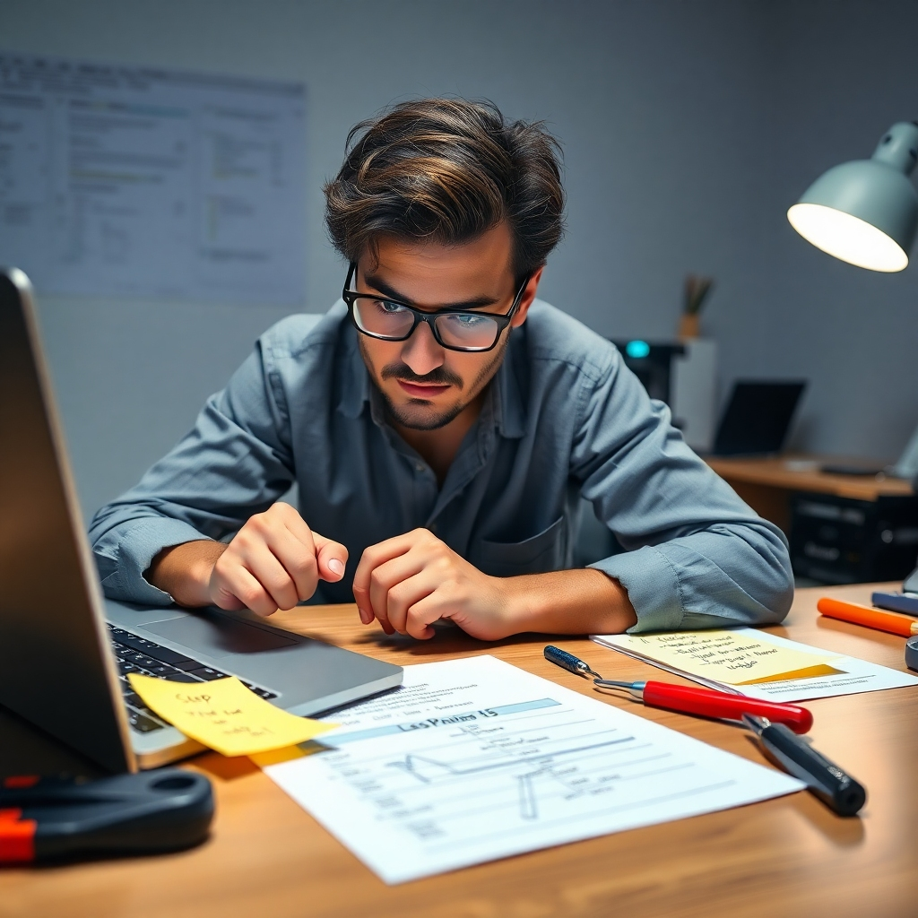 A high-quality image showing a person methodically following a step-by-step troubleshooting guide. The desk should have a laptop open with visible diagnostics software, tools around, and sticky notes with handwritten steps. The person's focused expression highlights determination.