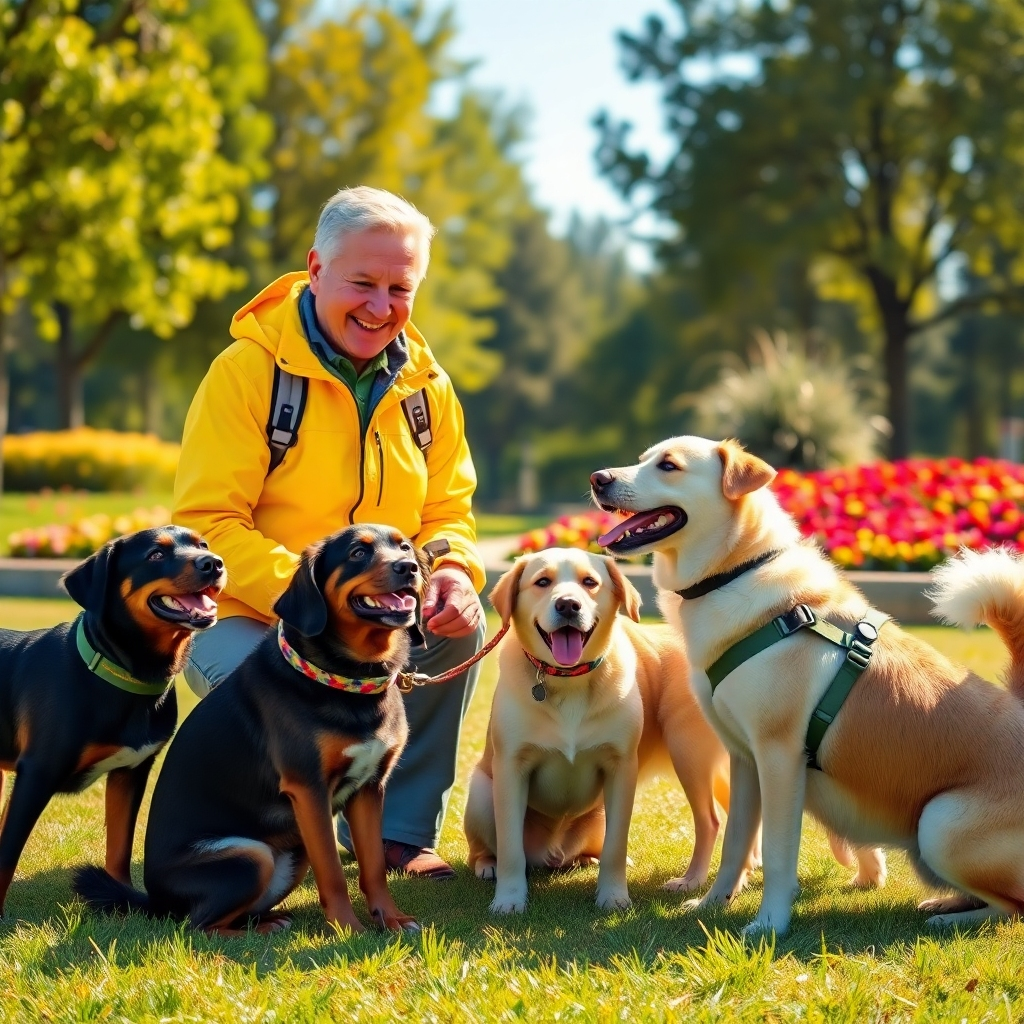 A joyful scene of a professional dog walker with a group of five energetic dogs of various breeds in a sunny park setting. The sun casts soft diffused lighting, creating a warm and inviting atmosphere. The dogs are playfully interacting with each other, their fur details shimmering in the golden light. The walker, a middle-aged person dressed in a bright yellow jacket, kneels down, engaging with a cheerful Labrador Retriever. The background features green trees, vibrant flower beds, and a clear blue sky. Add a colorful leash attached to one of the dogs, and include a water bottle and dog treats in a small backpack by the walker’s side. Shoot this scene from a slightly elevated angle to capture both the dogs and the lush surroundings, producing a hyperrealistic image in 8K resolution, emphasizing the textures of the dog's fur and the lush grass.