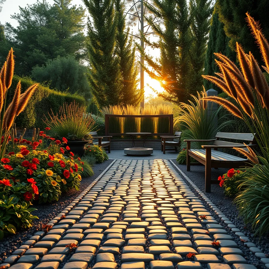 A meticulously designed garden landscape featuring an inviting pathway made of cobblestones leading to a quaint seating area. The scene is enveloped in dramatic side lighting during the golden hour, casting long shadows and warming the colors of blooming flowers. The color palette includes vibrant reds, yellows, and lush greens, creating an inviting atmosphere. The camera is positioned at eye level, not only showcasing the arrangement of plants but also drawing attention to the intricate details of the seating area which includes wooden benches and a small fire pit. Surrounding the scene are ornamental grasses and tall trees that frame the view, creating a sense of privacy and tranquility. The overall mood evokes relaxation and beauty, with textured elements like leaves, stones, and wood all exceptionally detailed. The image should have a hyperrealistic quality at 8K resolution, capturing the essence and serenity of a perfectly designed outdoor space.