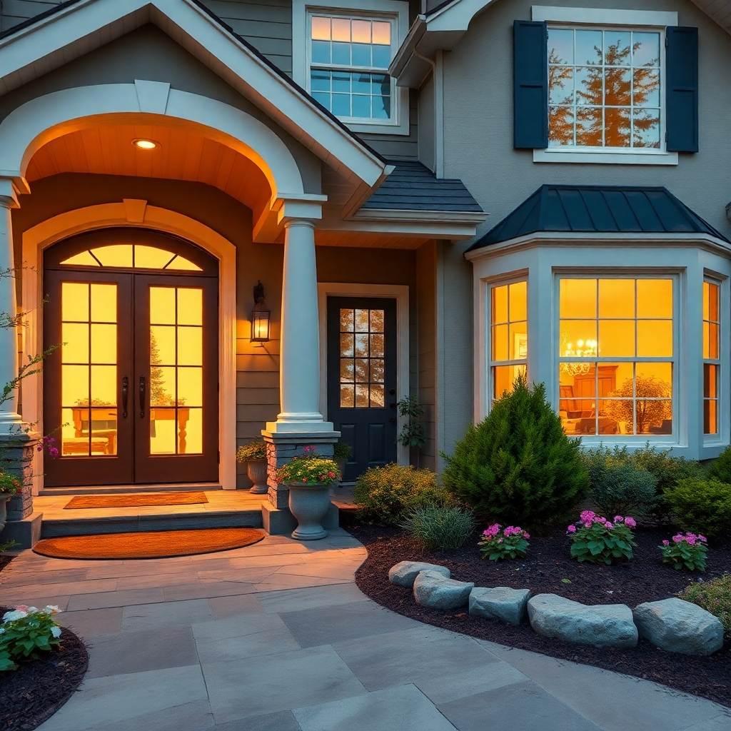 A photorealistic close-up of a well-maintained home exterior showcasing beautiful landscaping, fresh paint, and modern amenities. The image should evoke a sense of luxury and comfort, highlighting features like upgraded windows and elegant entryways.