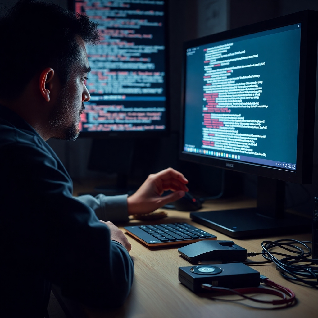 A photorealistic image of a person sitting at a desk, closely examining a computer screen filled with error messages. The scene should include common troubleshooting tools like a screwdriver, external hard drive, and various cables. The environment should be dimly lit to focus on the computer screen.
