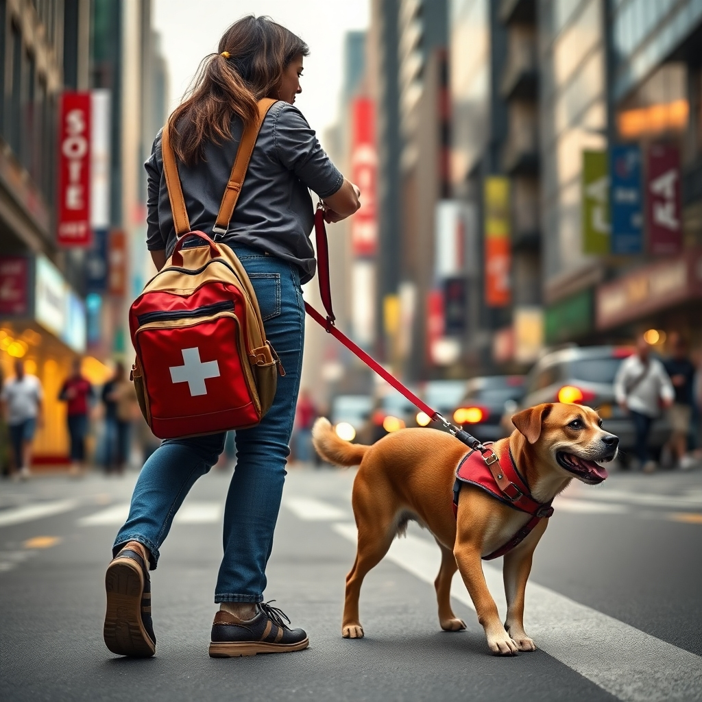 A photorealistic image of a responsible dog owner walking their dog in a bustling urban environment. The owner holds the leash tightly while looking out for traffic, with a first-aid kit in their backpack. Show vibrant city life in the background to emphasize safety awareness.