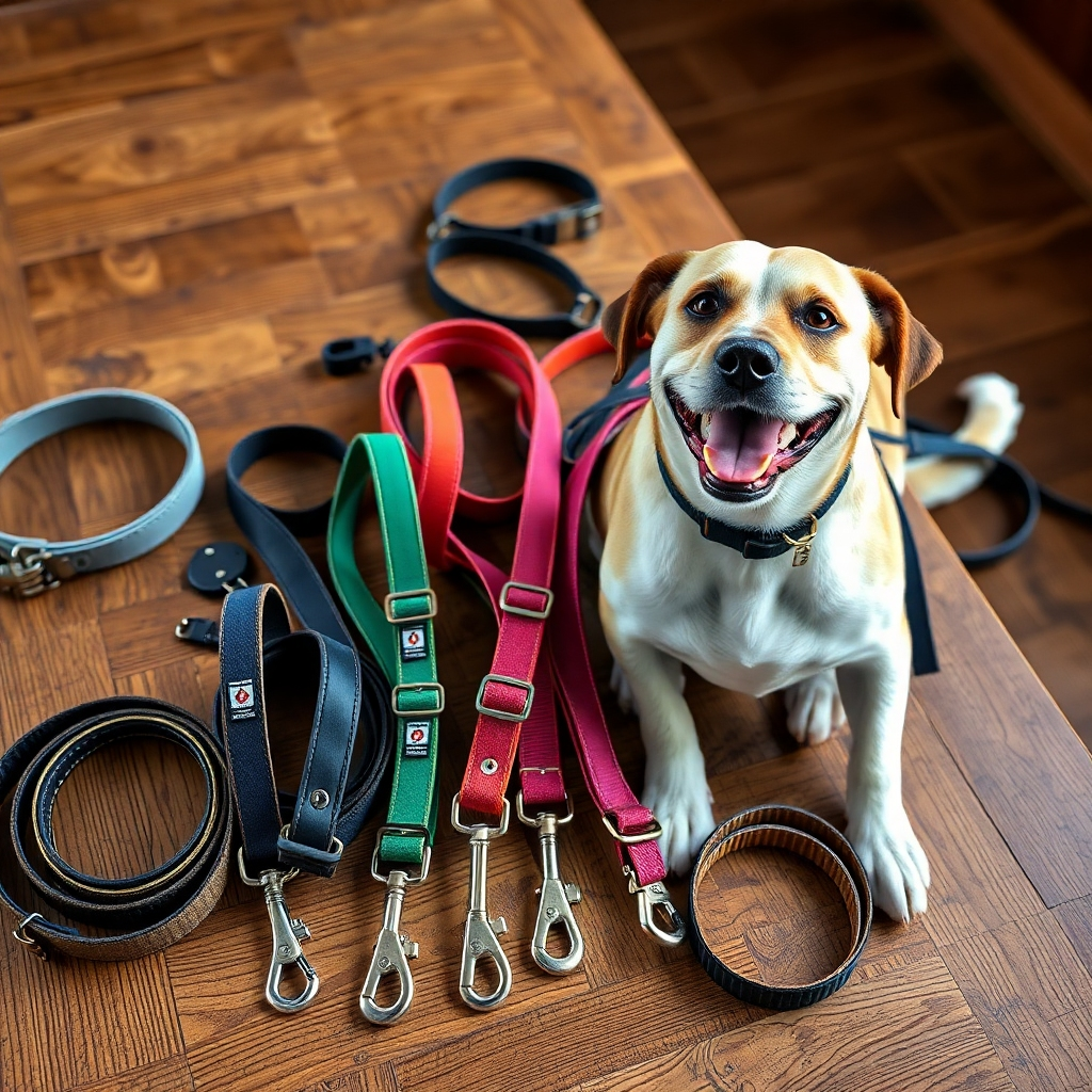 A photorealistic image of a variety of dog collars and leashes displayed on a wooden table. The leashes should range from standard to retractable, in various colors and sizes, featuring tags that indicate quality materials. Include a happy dog nearby, showcasing an ideal fit.