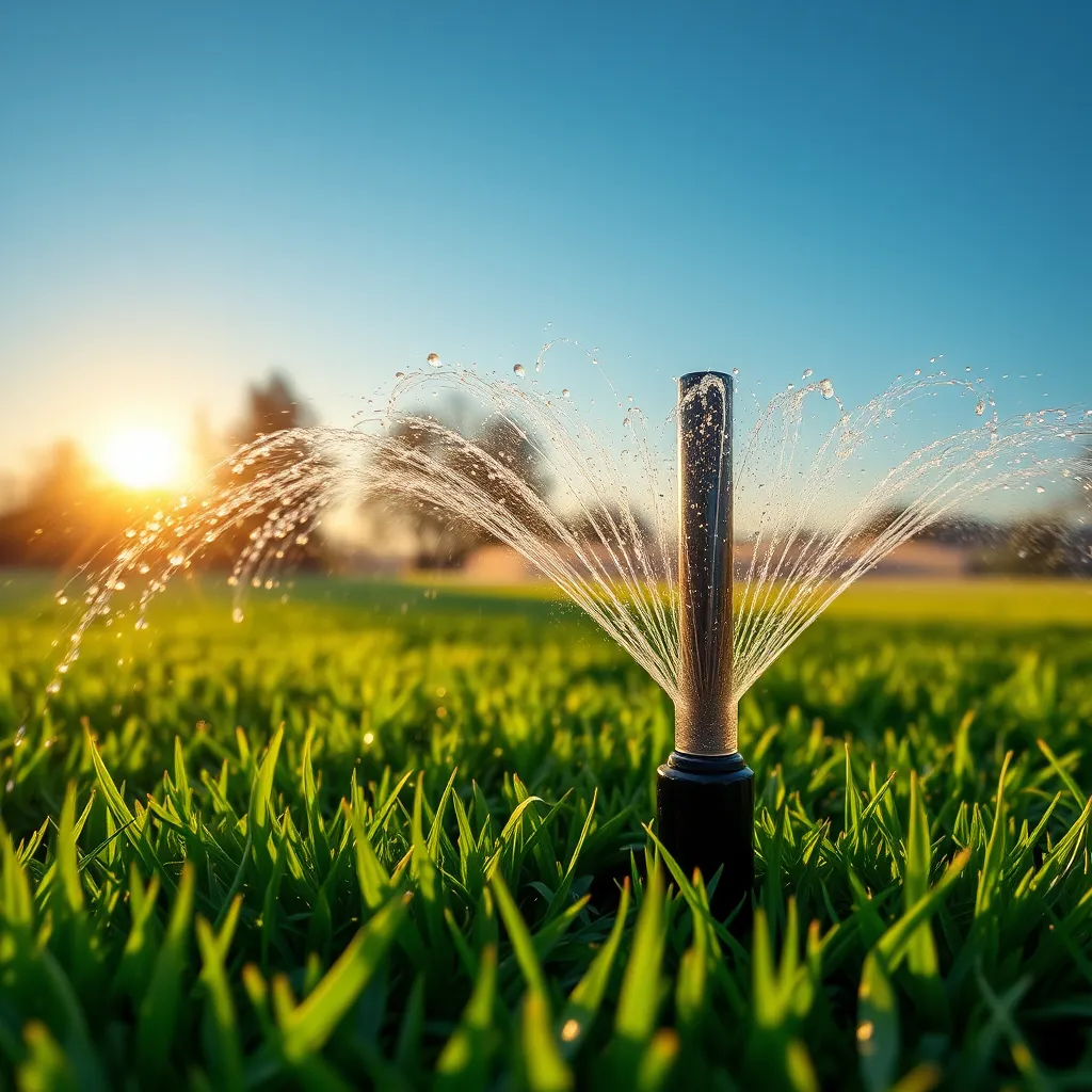 A photorealistic image of an automated sprinkler system watering a lush, green lawn during golden hour. Water droplets shimmer in the sunlight, with a clear blue sky overhead, indicating a healthy and well-maintained outdoor space.