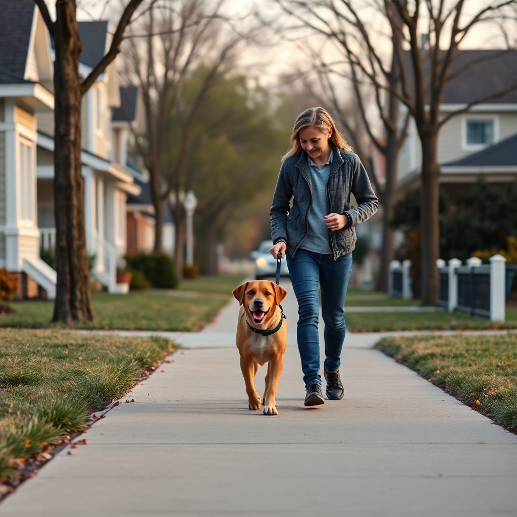 A photorealistic scene depicting a dog owner walking their dog in a suburban neighborhood at a specific time of day. The atmosphere should convey routine, with a clock visible in the background showing the same time daily. Include trees and a well-maintained sidewalk.