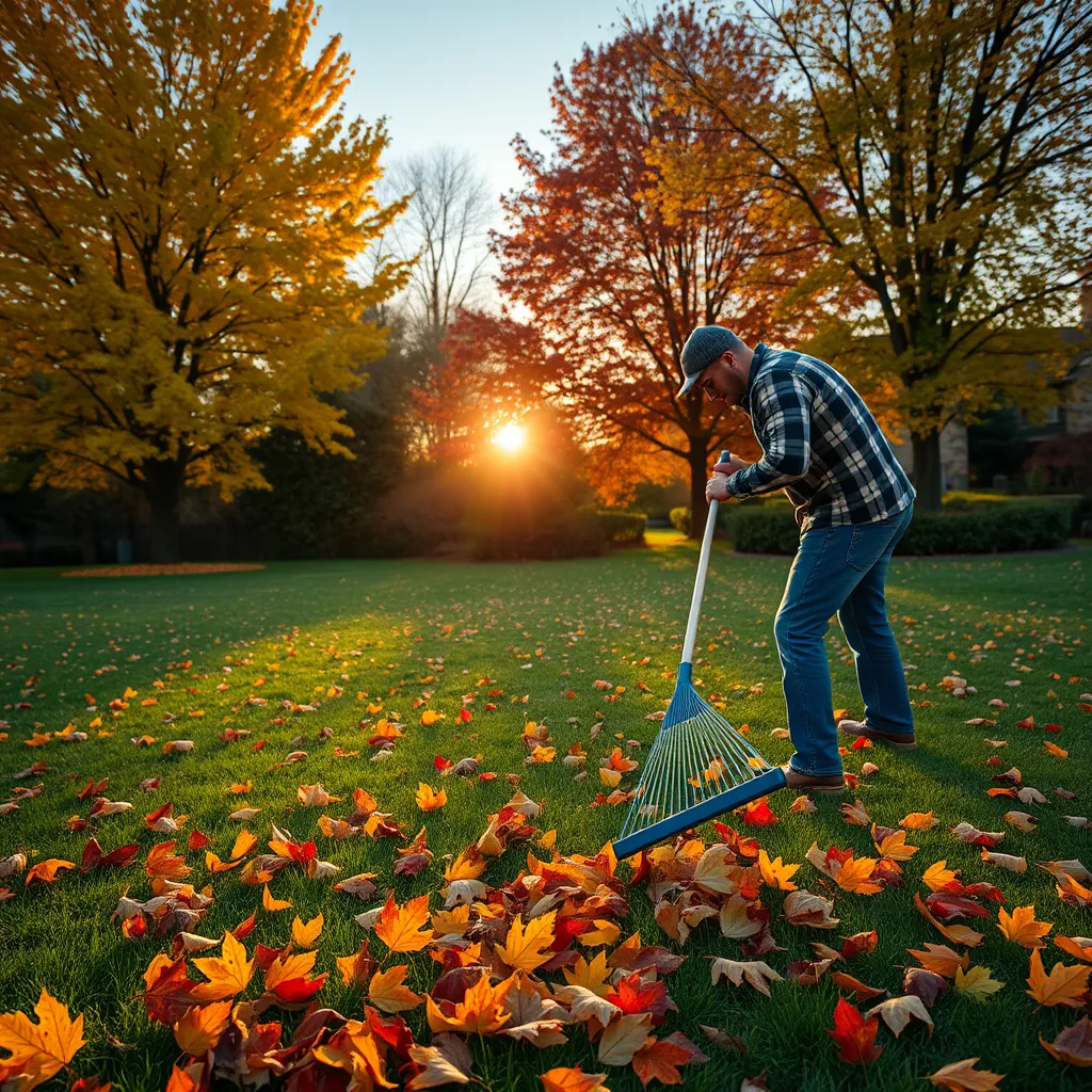 A picturesque autumn scene showing a person raking colorful fallen leaves in a well-maintained lawn. The background features trees with brilliant fall foliage, and a setting sun casts a warm glow, symbolizing preparation for the winter ahead.