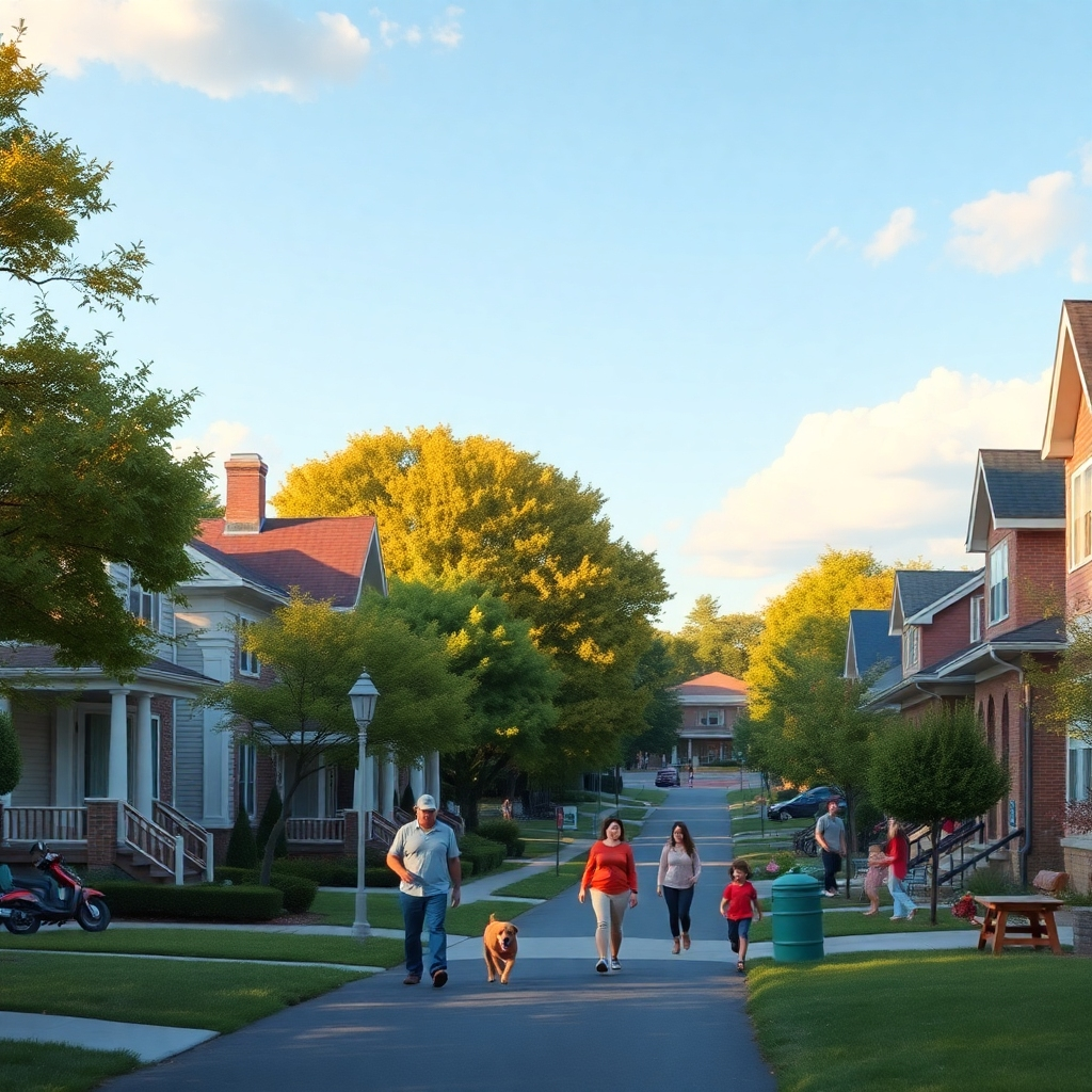 A picturesque neighborhood with tree-lined streets, schools, parks, and shops in the background. Include a family walking with a dog, children playing, and friendly neighbors chatting in the front yards. Bright, inviting colors to convey a warm community vibe.
