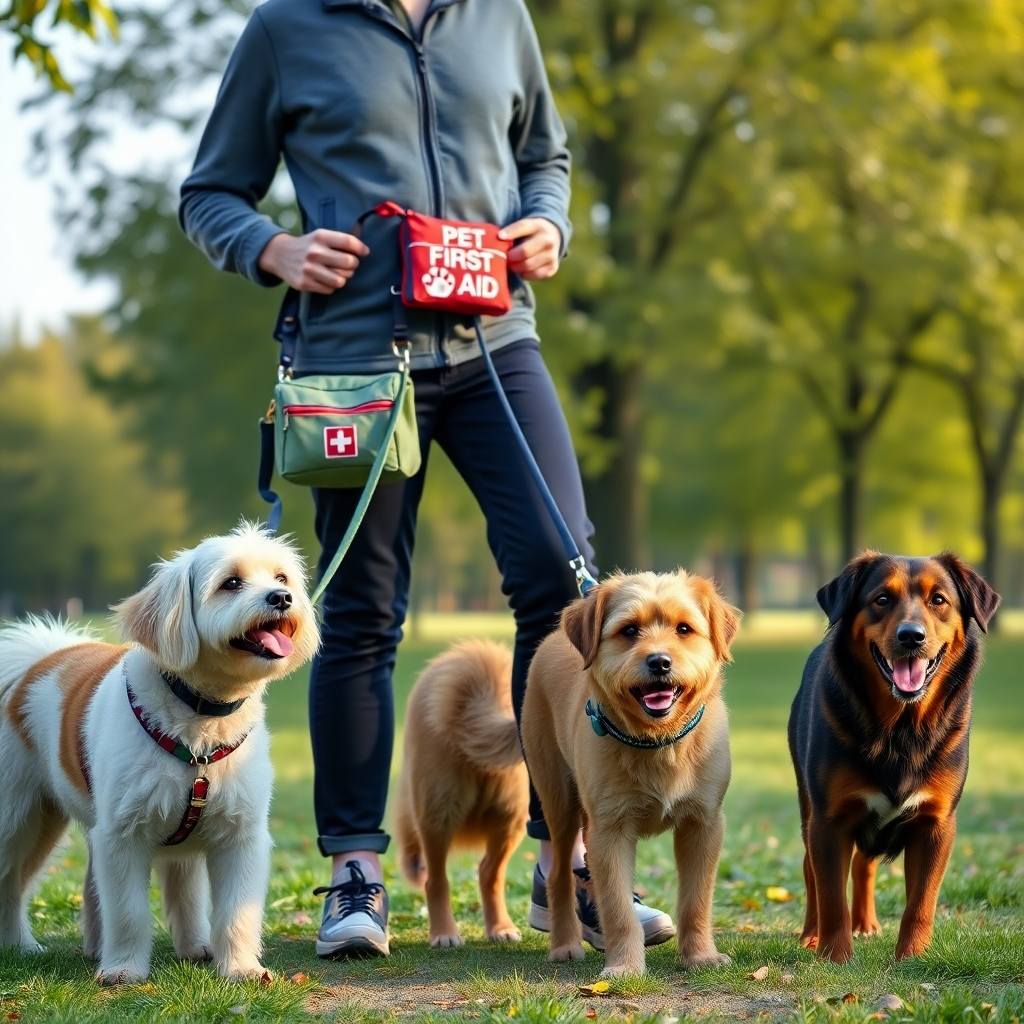 A professional dog walker in a park, confidently handling different dog breeds on leashes. The walker wears a visible pet first aid kit and shows engagement with the dogs, while a background of green trees and open space suggests a safe environment.