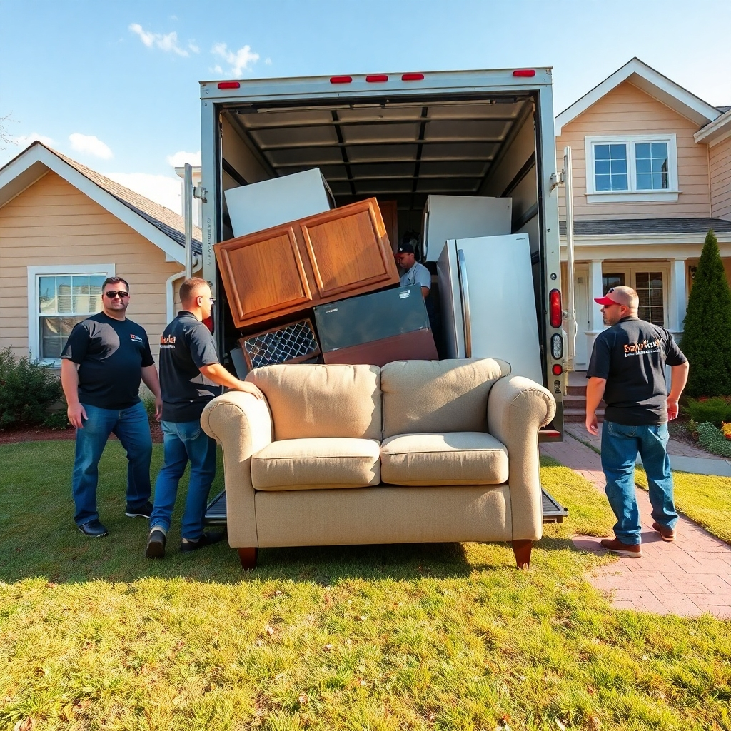 A professional junk removal crew in action at a suburban home, removing large furniture and appliances, such as a worn-out couch and an old refrigerator. Soft diffused lighting enhances the homey atmosphere, while the bright colors of the exterior paint create a welcoming vibe. The crew, wearing branded uniforms, showcases a sense of teamwork and professionalism. The composition captures a wide angle from slightly above, focusing on both the junk being removed and the beautifully manicured lawn. Textures of the grass and the wooden deck contrast with the smooth surfaces of the appliances being loaded into a truck. A clear blue sky adds to the positive mood. In the style of documentary photography, aiming for 8K resolution, hyperrealistic details like reflections on the truck windows and shadows under the items create a vivid scene.