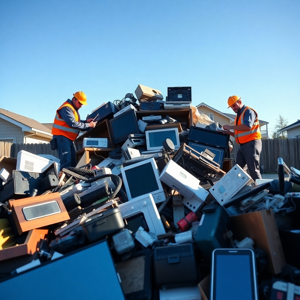 A professional junk removal team sorting through a heap of clutter, showcasing various junk items like old furniture, electronics, and appliances. The backdrop is a residential yard, with clear blue skies, and the team is wearing uniforms and safety gear, demonstrating efficiency and teamwork.