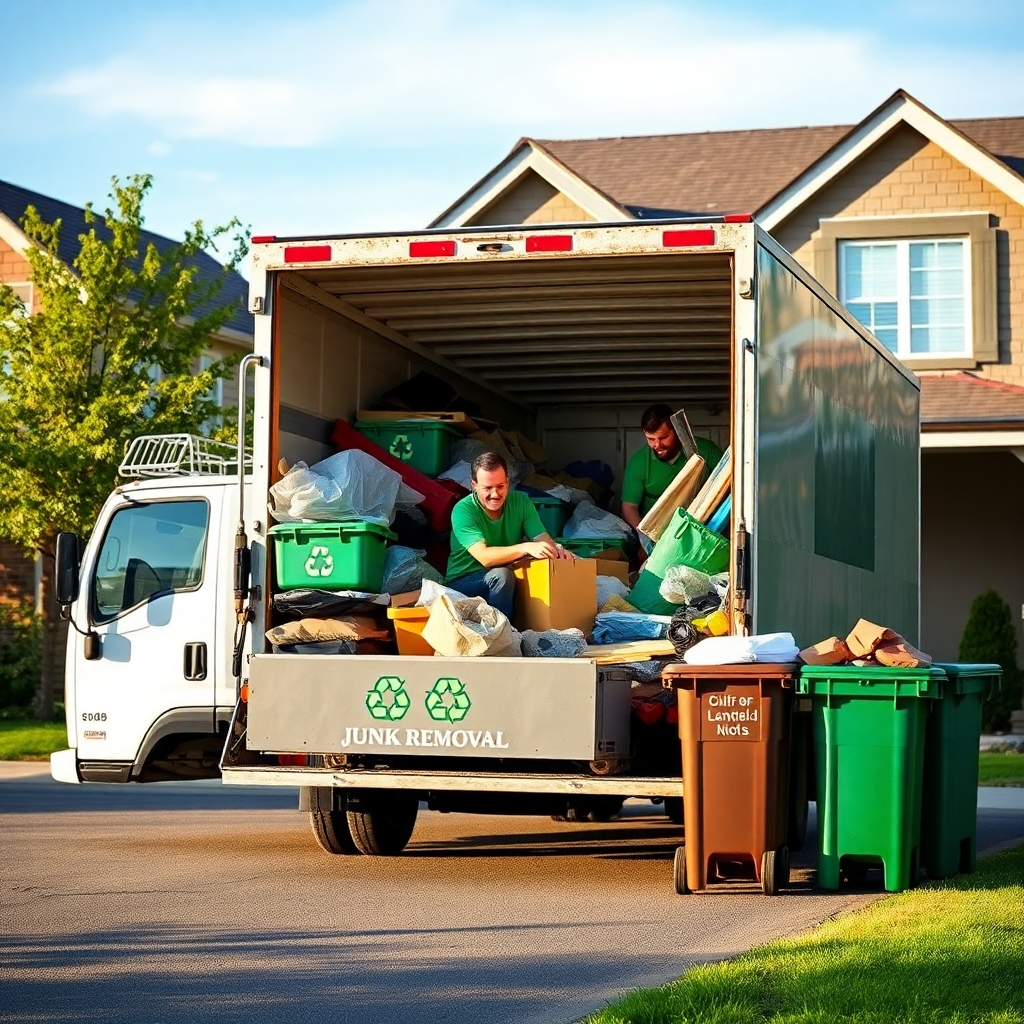 A professional junk removal truck parked in front of a suburban home, with workers sorting items into recycling and landfill bins. The scene should include lush greenery and clear skies, illustrating a commitment to environmental responsibility.