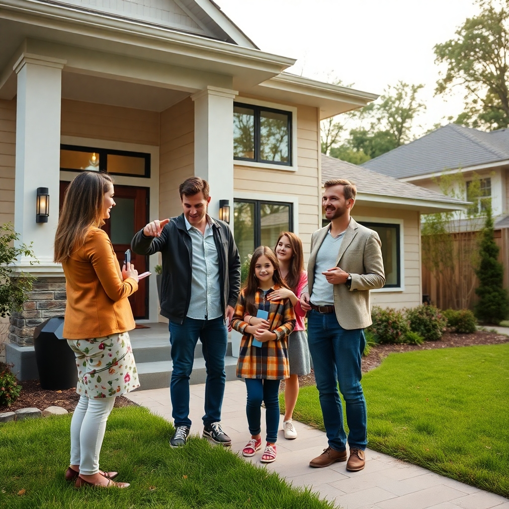A professional real estate agent showing a family a beautiful home. The agent is pointing out features of the house while the family looks impressed. The home should appear modern and inviting, with a well-maintained front yard, ideal for a first-time buyer.