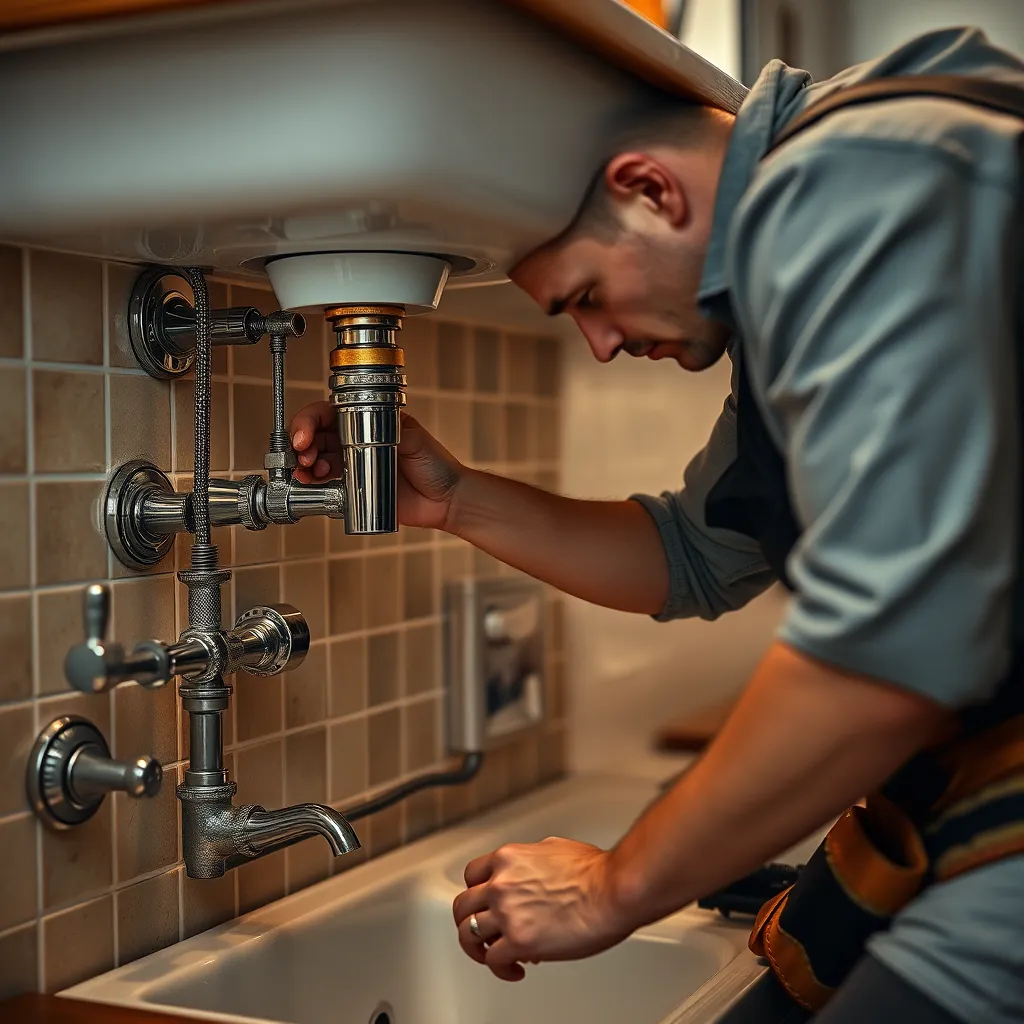 A skilled plumber working on a residential sink, showcasing detailed plumbing fixtures and tools. The composition should capture a close-up view from a slightly elevated angle, highlighting the intricate connections of pipes beneath the sink. Soft diffused lighting enhances the warm and inviting atmosphere, making the metal components gleam in shades of chrome and brass. A vintage-style tiled backsplash in muted pastels complements the scene, creating a cozy homey feel. Textures of polished metal, ceramic, and wood are emphasized, with the plumber dressed in professional attire, focused on the task. Background hints of a well-organized tool belt and nearby plumbing manuals add depth to the narrative. The image should be ultra-high definition, at least 8K resolution, capturing hyperrealistic details for maximum clarity and realism.