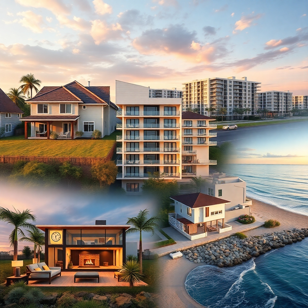 A striking, photorealistic image showcasing a collage of different property types, including a suburban home, a bustling apartment building, a commercial office space, and a picturesque vacation rental by the beach. The background should blend these scenes harmoniously.
